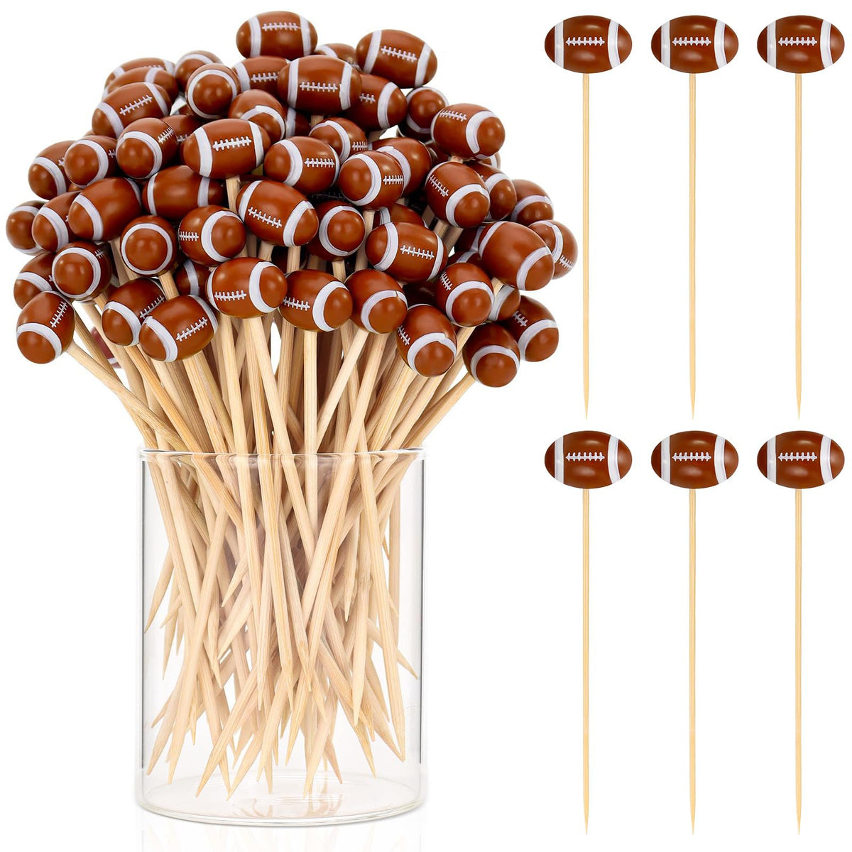 50 Pcs Football Toothpicks, 4.72 Inch Football Cocktail Picks for Appetizers, Long Bamboo Toothpicks, Decorative Toothpicks Skewers for Holiday Birthday Party Decorations (Football 3D)