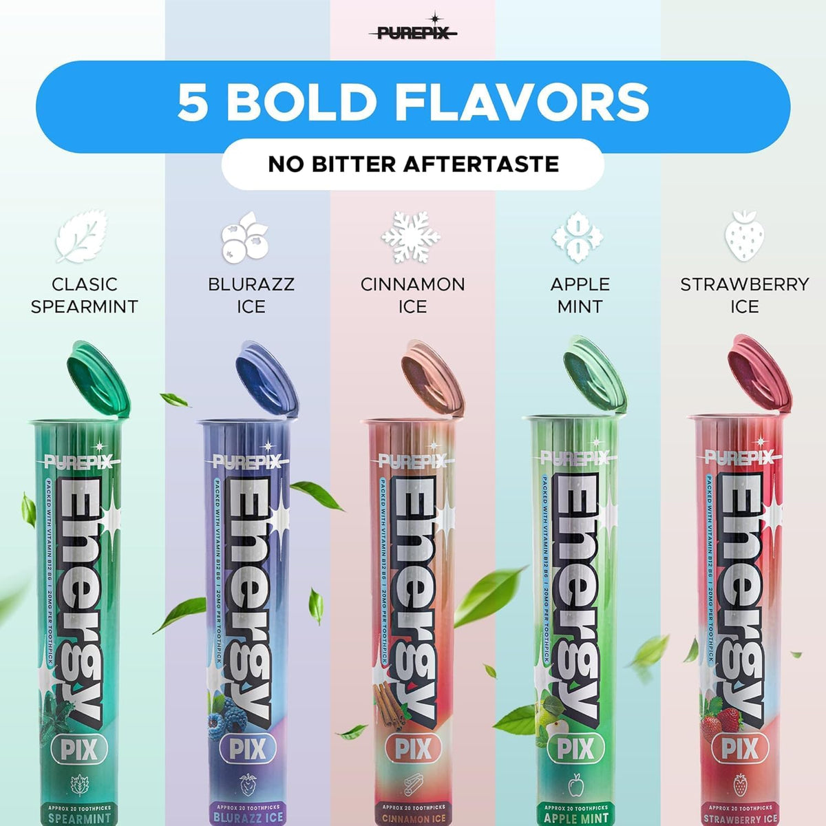 PurePix Energy Caffeine Flavored Toothpicks, Spearmint, 3-Pack, 60ct