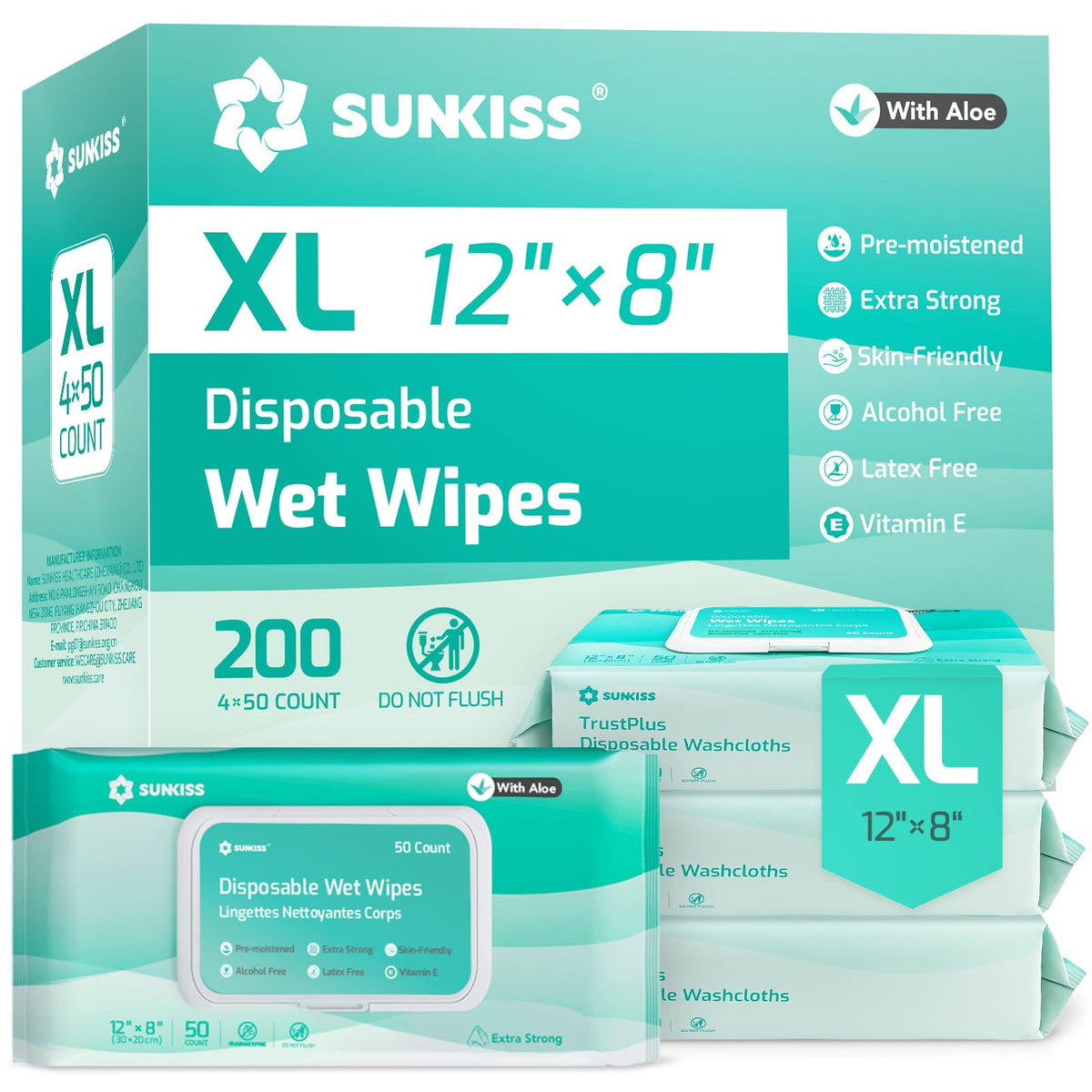 SUNKISS TrustPlus Adult Wet Wipes, Extra Large 8"x12", Unscented, 200Ct