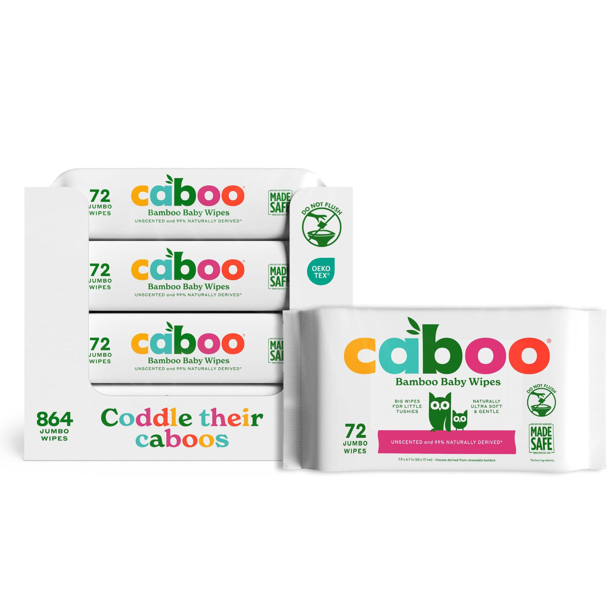 Caboo Tree Free Baby Wipes, Unscented, 72 Wipes Per Pack, 216 Total