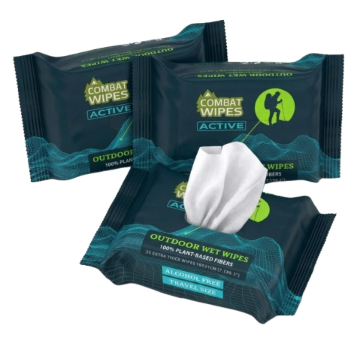 Combat Wipes ACTIVE Outdoor 2-Pack Wet Wipes - Extra Thick Camping Gear, Biodegradable, Body & Hand Cleansing/Refreshing Cloths for Backpacking & Gym w/Natural Aloe & Vitamin E, 50 Ct (25x2 pack)