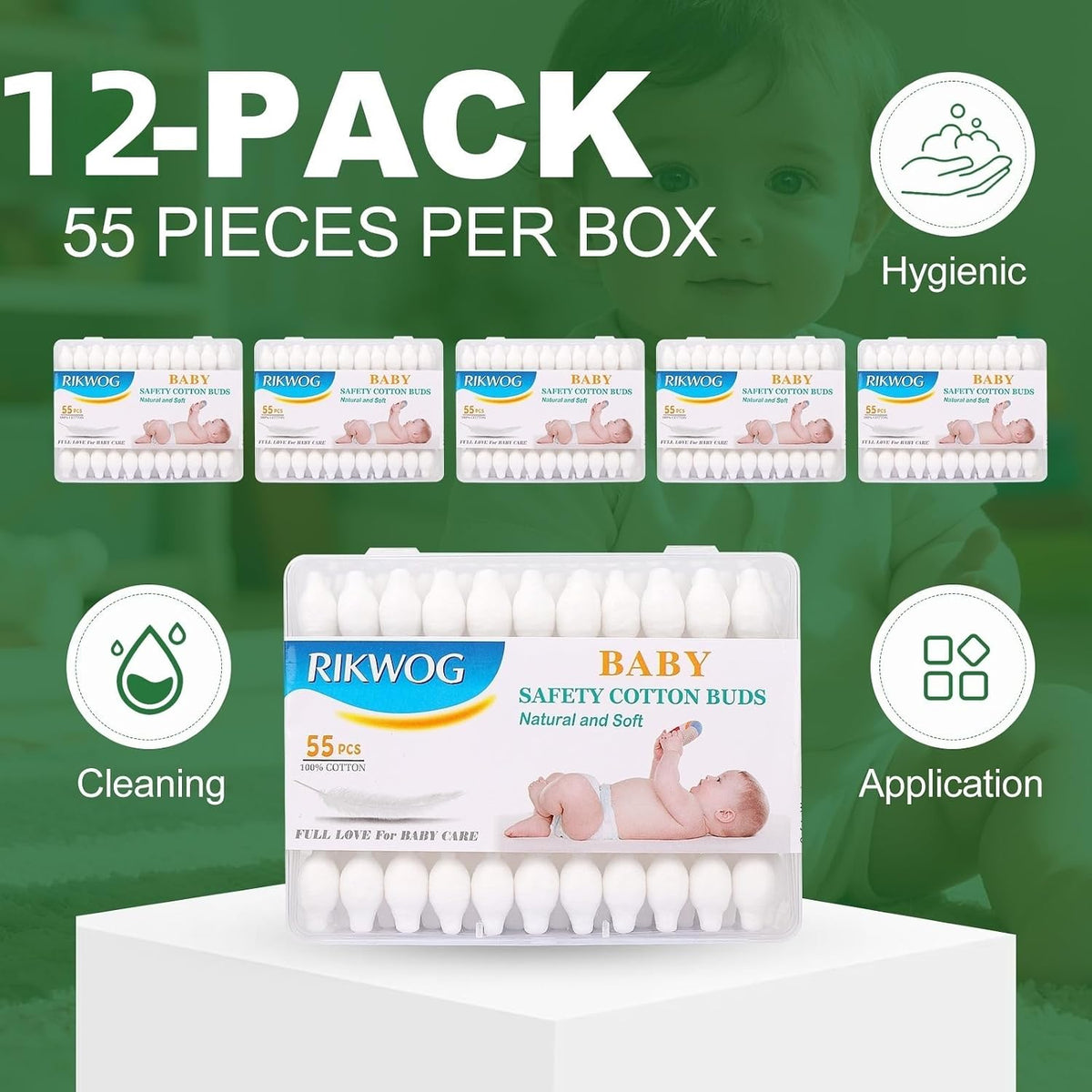 Baby Swabs by RIKWOG, 100% Large Safety Tip Cotton Swabs 660 Count (12 Pack), Organic Cotton with White Paper Sticks, Hypoallergenic Gentle Cleaning for Newborn, Baby, Infants, Kids & Toddlers