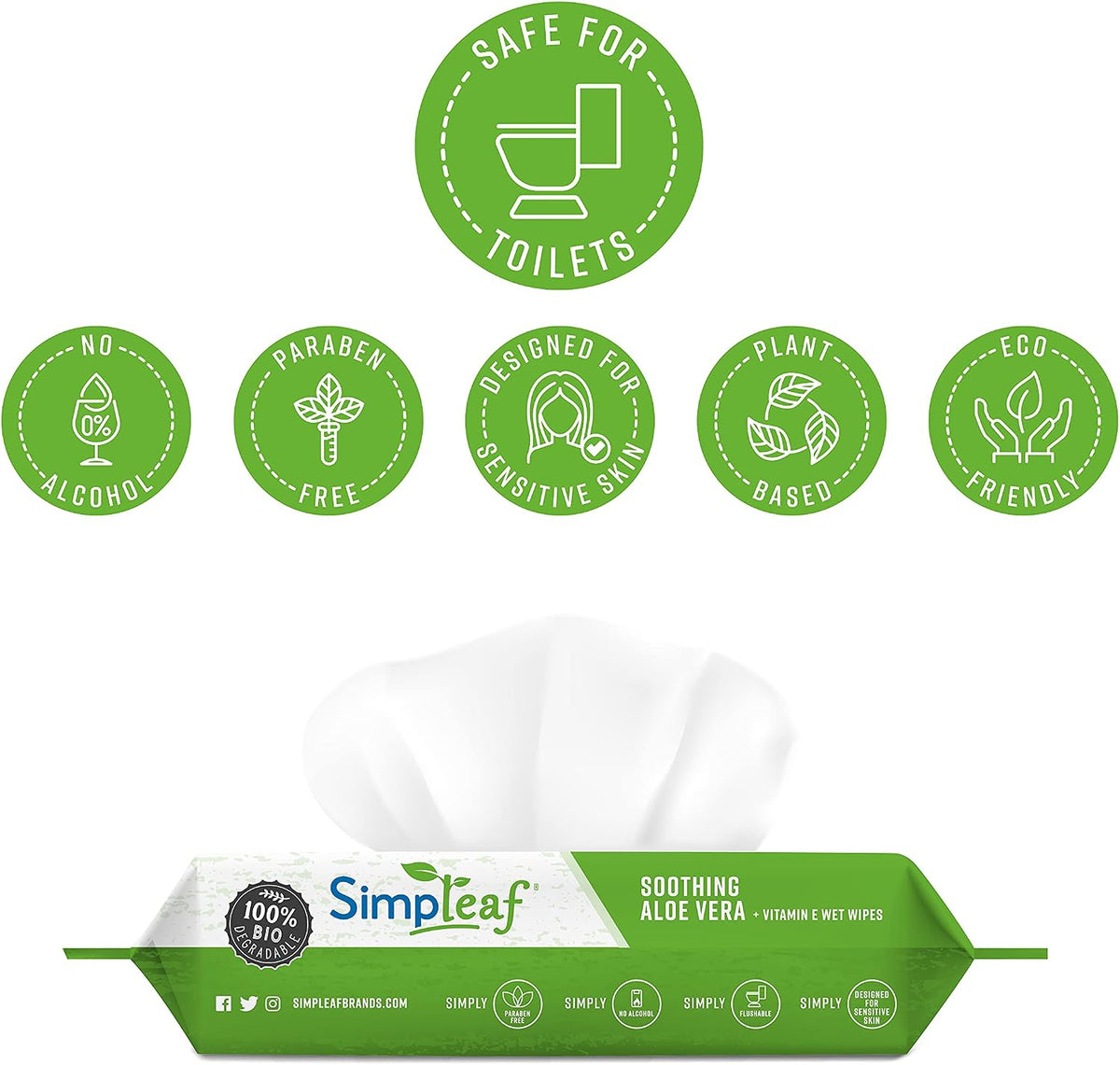 Simpleaf Flushable Wet Wipes Aloe Vera | Plastic Free, Paraben & Alcohol Free | Hypoallergenic & Safe for Sensitive Skin | Soothing Aloe Formula | Adult Toilet Wipes (6 x 50 Count Pack) 300 Count