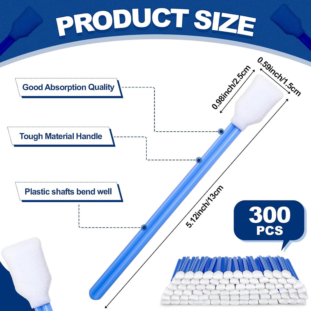 Dunzy 300 Pcs Foam Cleaning Swabs, Blue Rectangle Sponge Tips for Printers