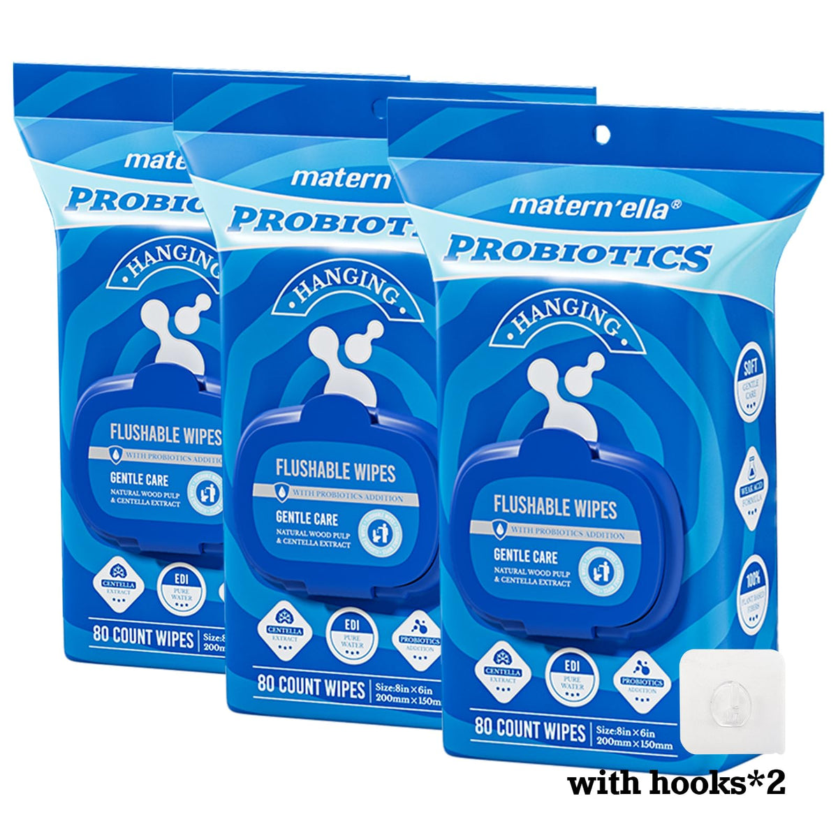 matern'ella Flushable Wipes Extra Large Corner-Connected Wet Wipes Plant Based Fibers With Probiotics Fragrance Free Sewer Safe Butt Wipe Adult 3 Packs of 80