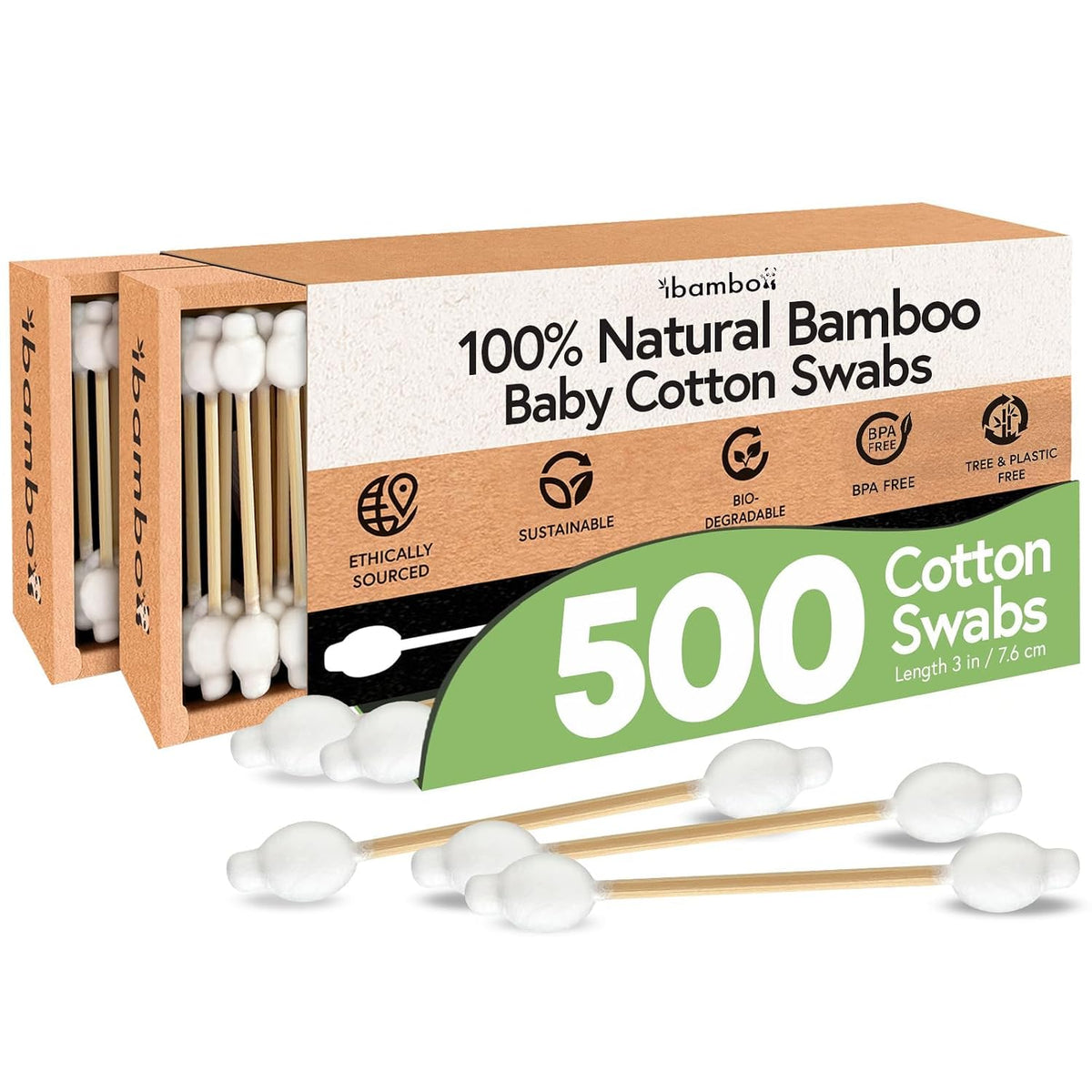 Jenvita 100% Bamboo Cotton Swabs for Ears, 500 Pack, Double-Tipped