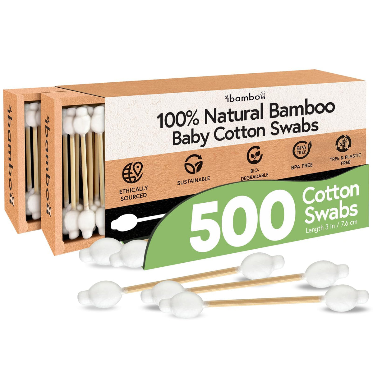 Jenvita 100% Bamboo Cotton Swabs for Ears, 500 Pack, Double-Tipped