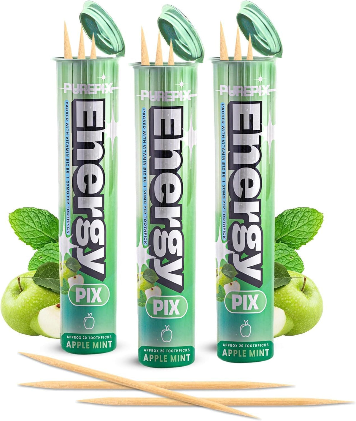 PurePix Energy Caffeine Flavored Toothpicks, Spearmint, 3-Pack, 60ct