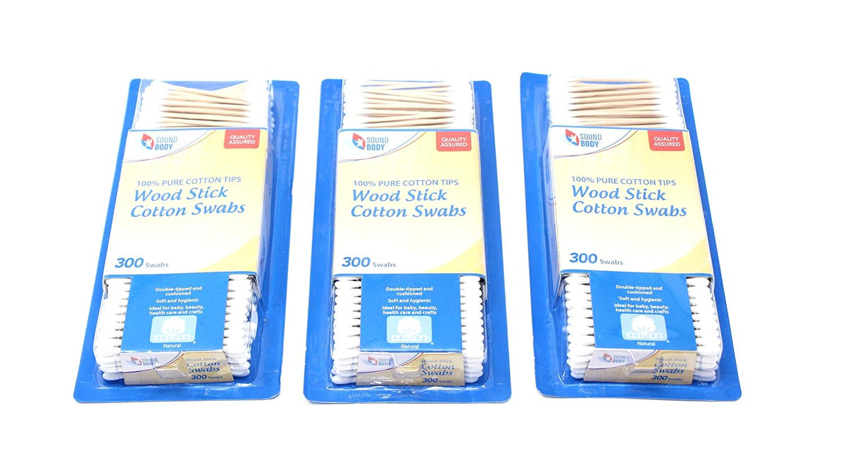 Wood Stick 100% Cotton Swabs by Sound Body - Double Tipped and Cushioned - 3 pack - Total 900 Count