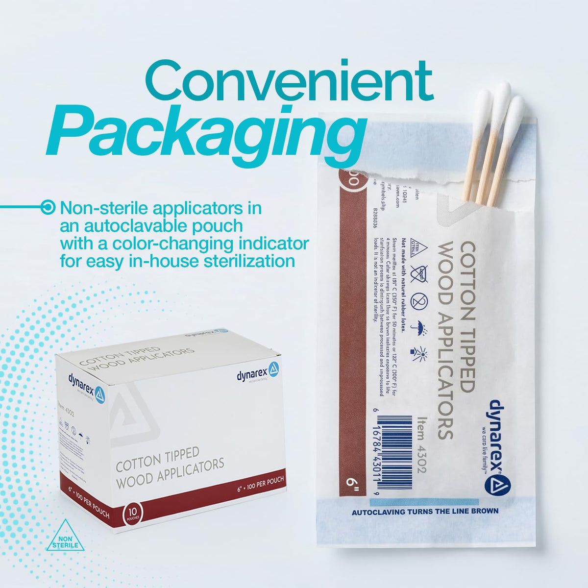 Dynarex Cotton Tipped Wood Applicators - 6" - Non-Sterile - Medical Swabs for Wound Care, Cleaning, Crafts - 10 Pouches per Box, 100 Applicators per Pouch