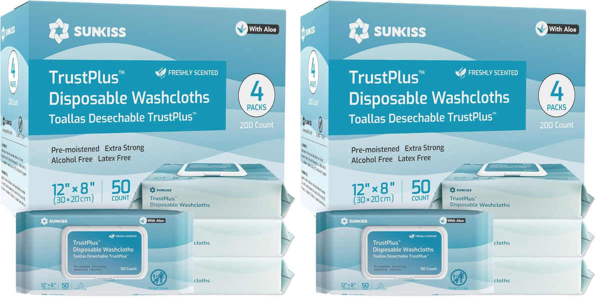 SUNKISS TrustPlus Adult Wet Wipes, Extra Large 8"x12", Unscented, 200Ct
