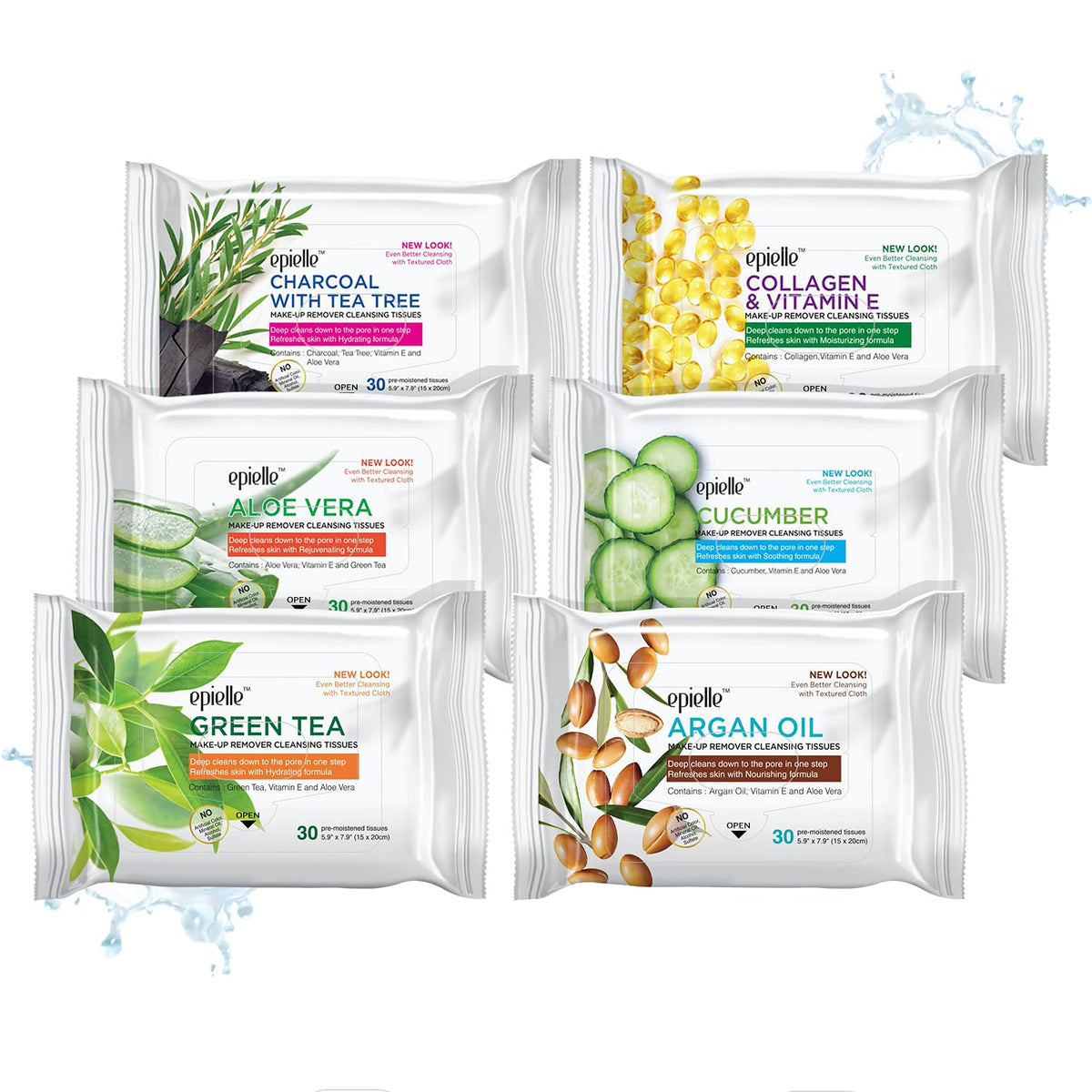 Epielle Gentle Skin Cleansing Wipes, 6 pack of 30 count each of Vitamin C, Cucumber, Aloe Vera, Collagen&Vitamin E, Green Tea, and Argan, Alcohol-Free, Hypoallergenic, Natural Extracts, Oily Skin.