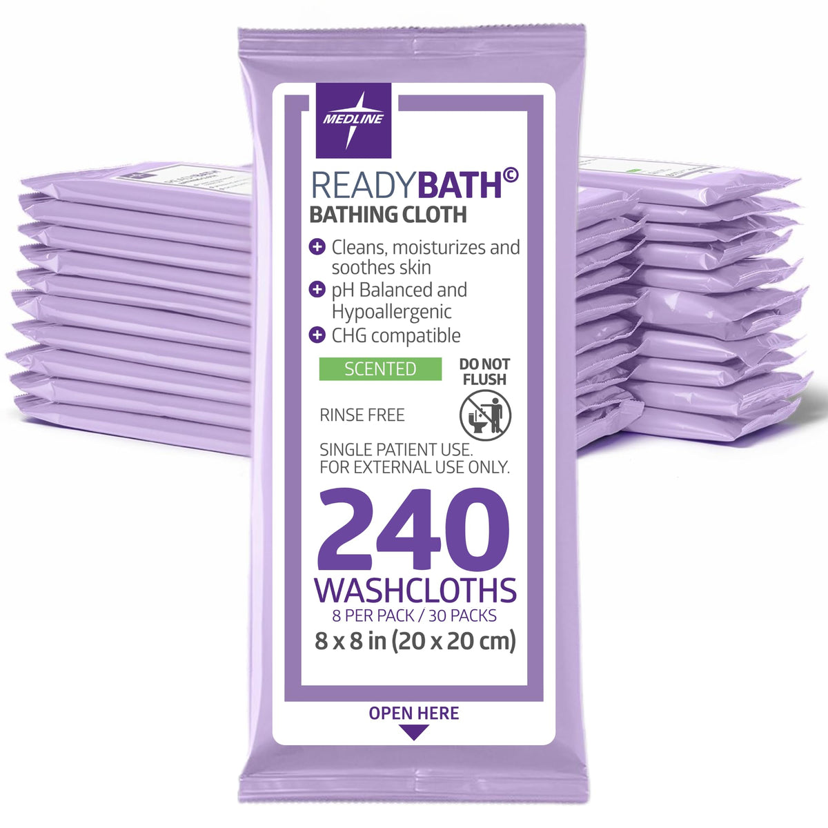 Medline ReadyBath Adult Bath Wipes, 240 Wipes (8 Wipes, 30 Packs), Unscented, No Rinse Formula with Aloe, Shower Wipes for Sensitive Skin, Hypoallergenic & Alcohol-Free Wet Wipes, 8 x 8 Inch