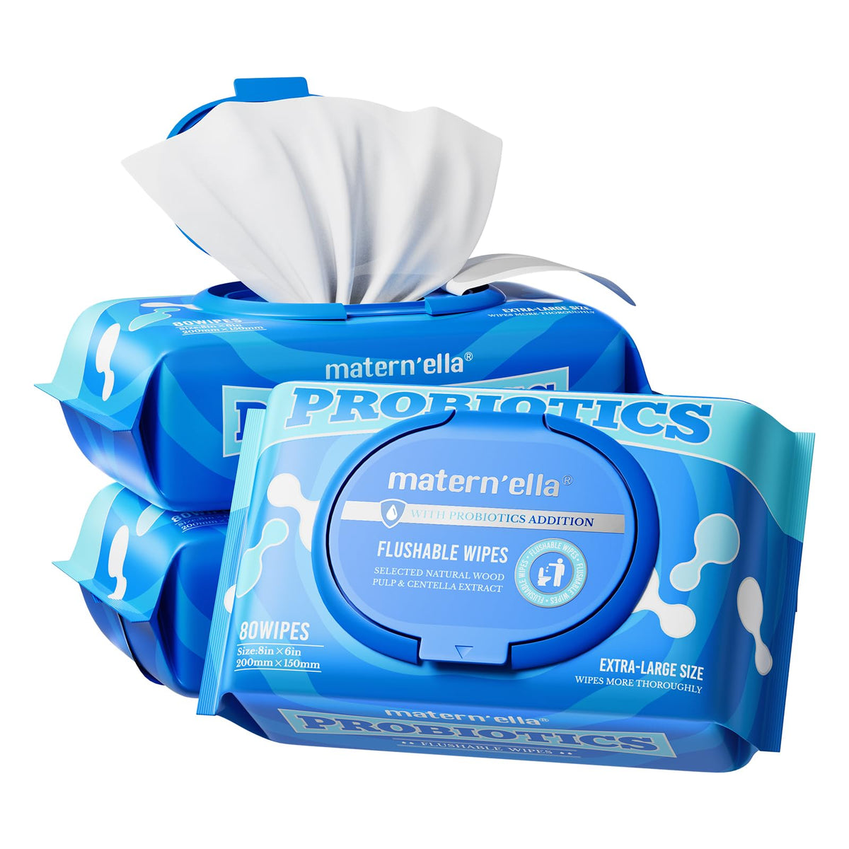 matern'ella Flushable Wipes Extra Large Corner-Connected Wet Wipes Plant Based Fibers With Probiotics Fragrance Free Sewer Safe Butt Wipe Adult 3 Packs of 80