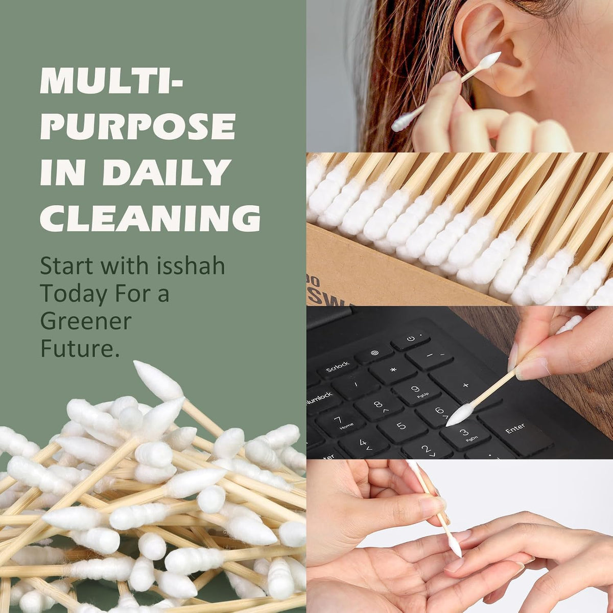Isshah Natural Bamboo Cotton Swabs - Pointed & Spiral Tips - 1000 Count