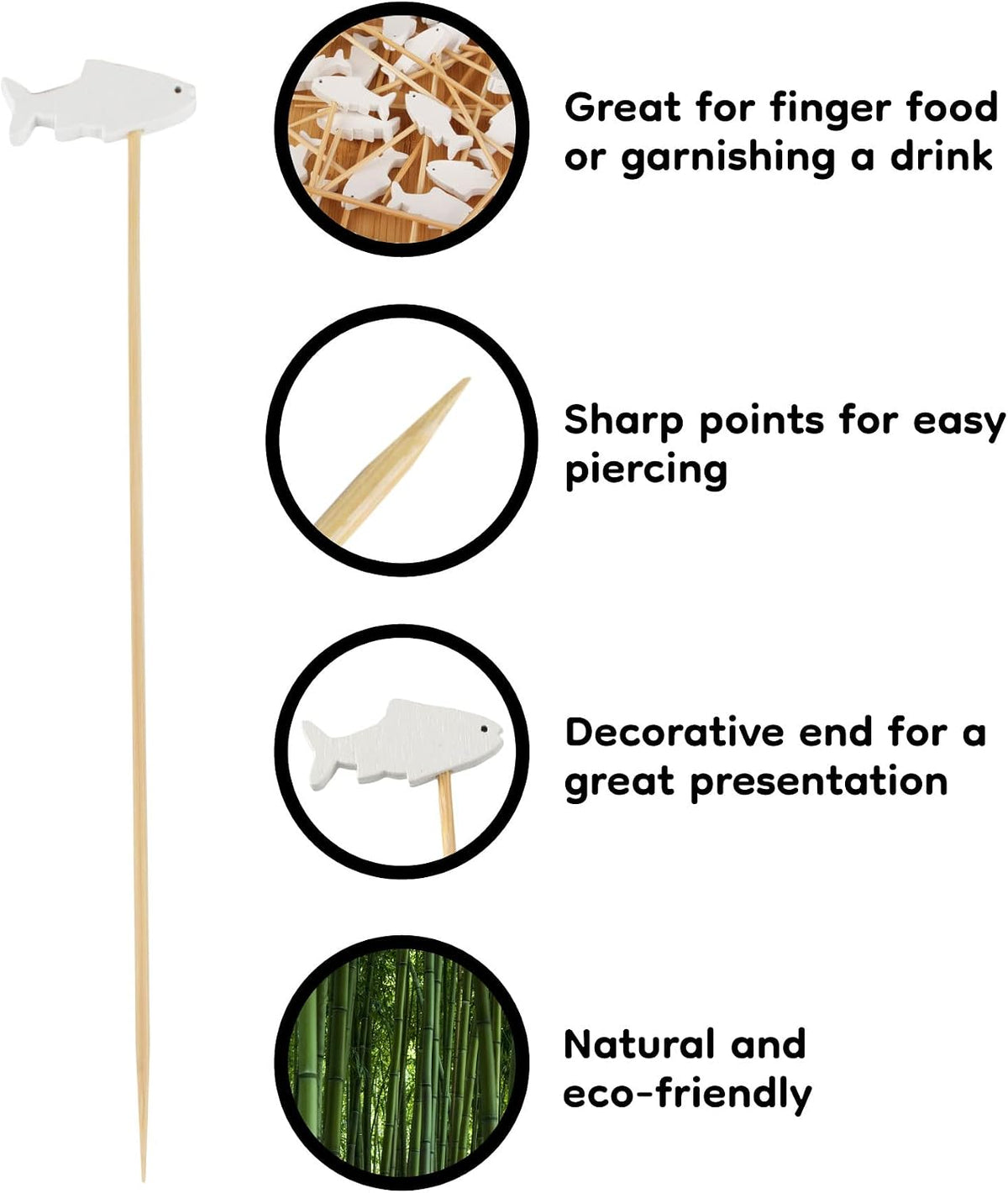 BambooMN 3.9 Inch White Fish Cocktail Appetizers Bamboo Toothpick Picks, Stirrer Sticks for Fruit Party, Charcuterie Accessories and Drinks, 100 Pieces