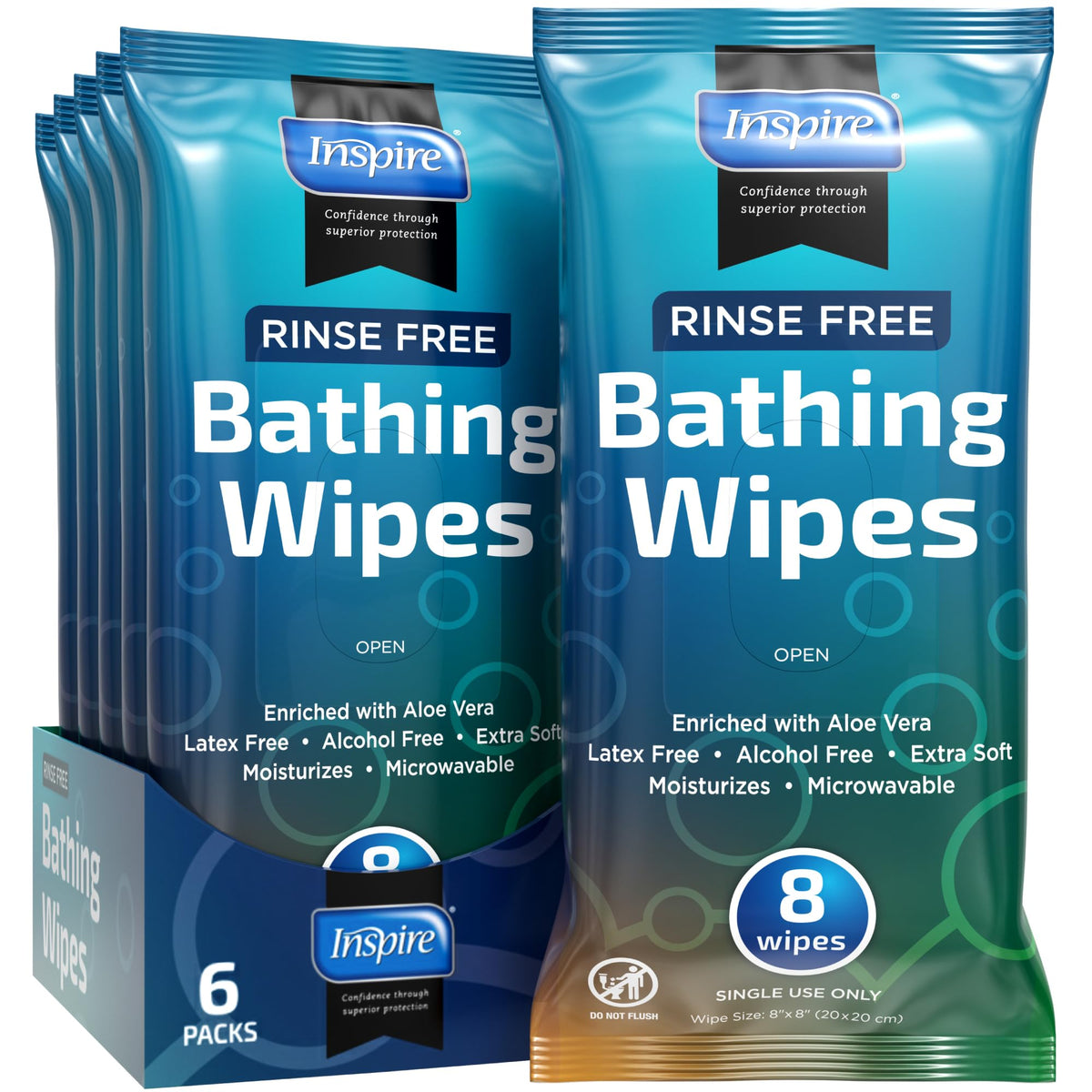 Bathing Wipes for adults bathing rinse free | Adult Wash Cloths Extra Large, Bathing Wipes for Incontinence, 8"x 8" In (48 count) | By Inspire