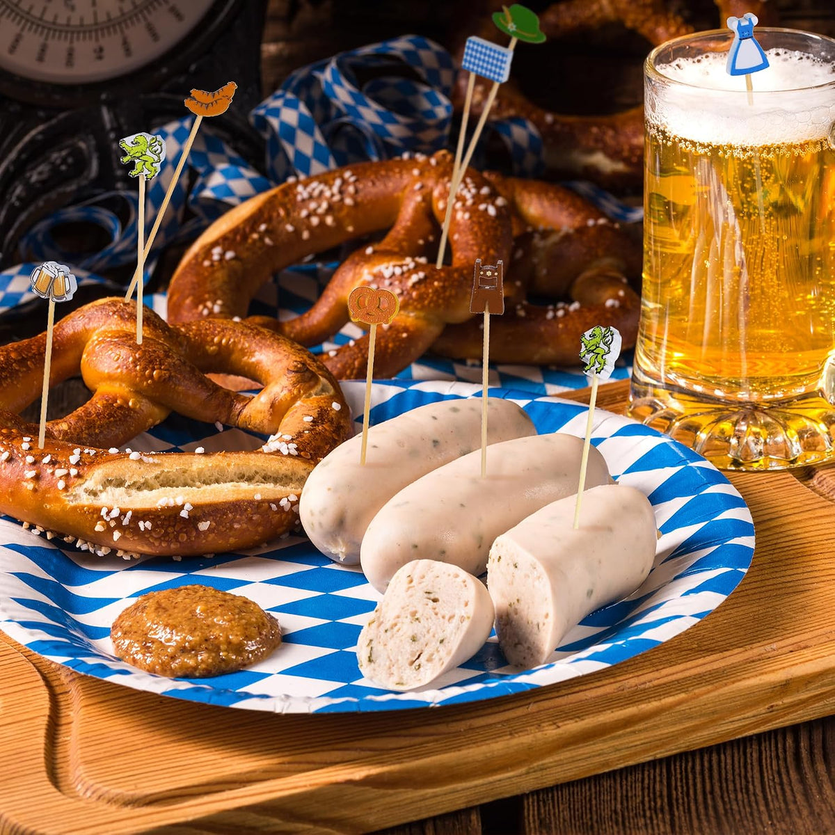 Aodaer 200 Pieces Oktoberfest Wooden Cocktail Picks Appetizer Fruits Bamboo Toothpicks Decorative Cocktail Sticks with Bavarian Flag for Fruits Dessert Appetizer Party Supplies