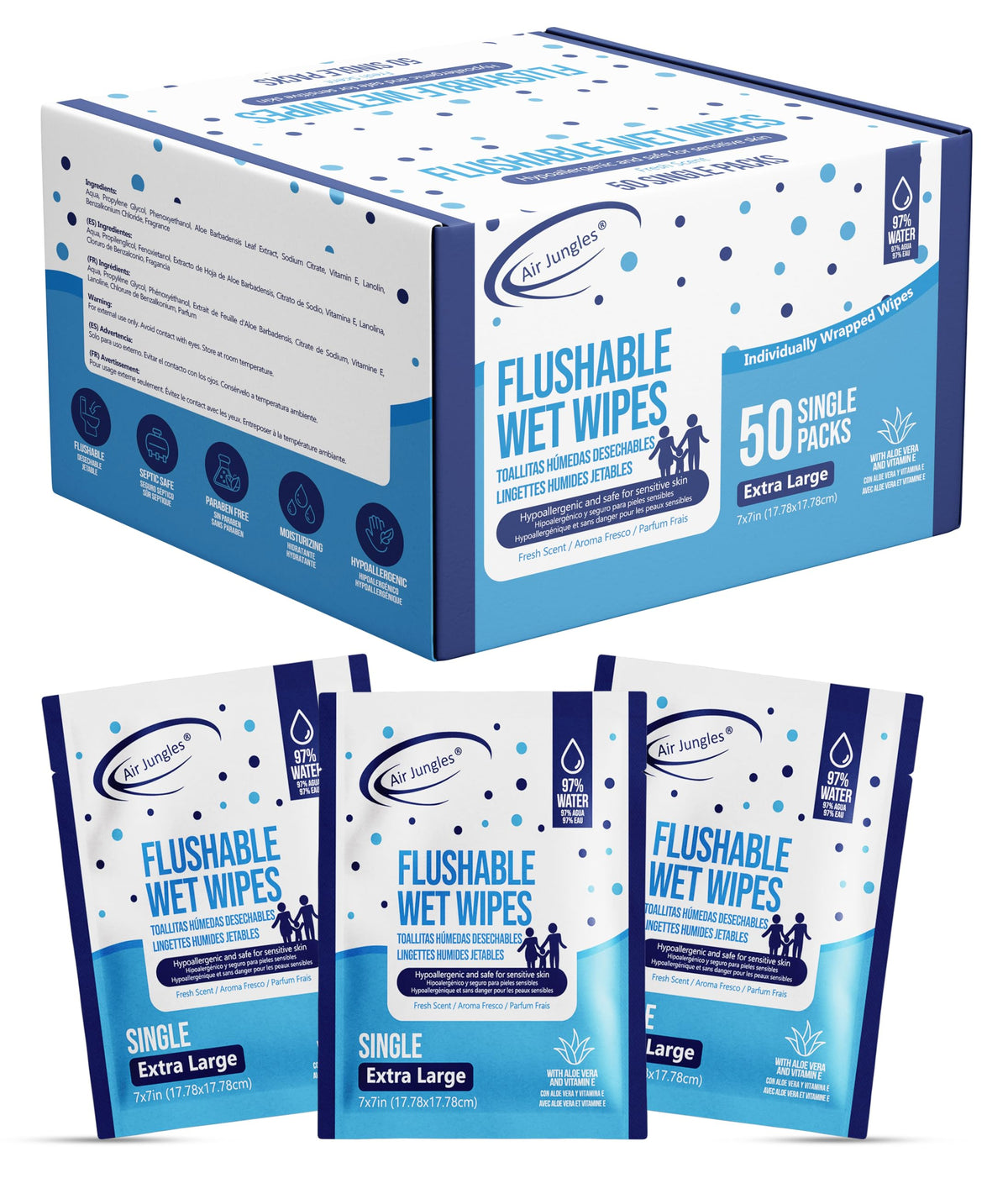 Air Jungles Flushable Wipes 300 Ct 6-Pack, Adult and Kid, XL 7x7 Inch