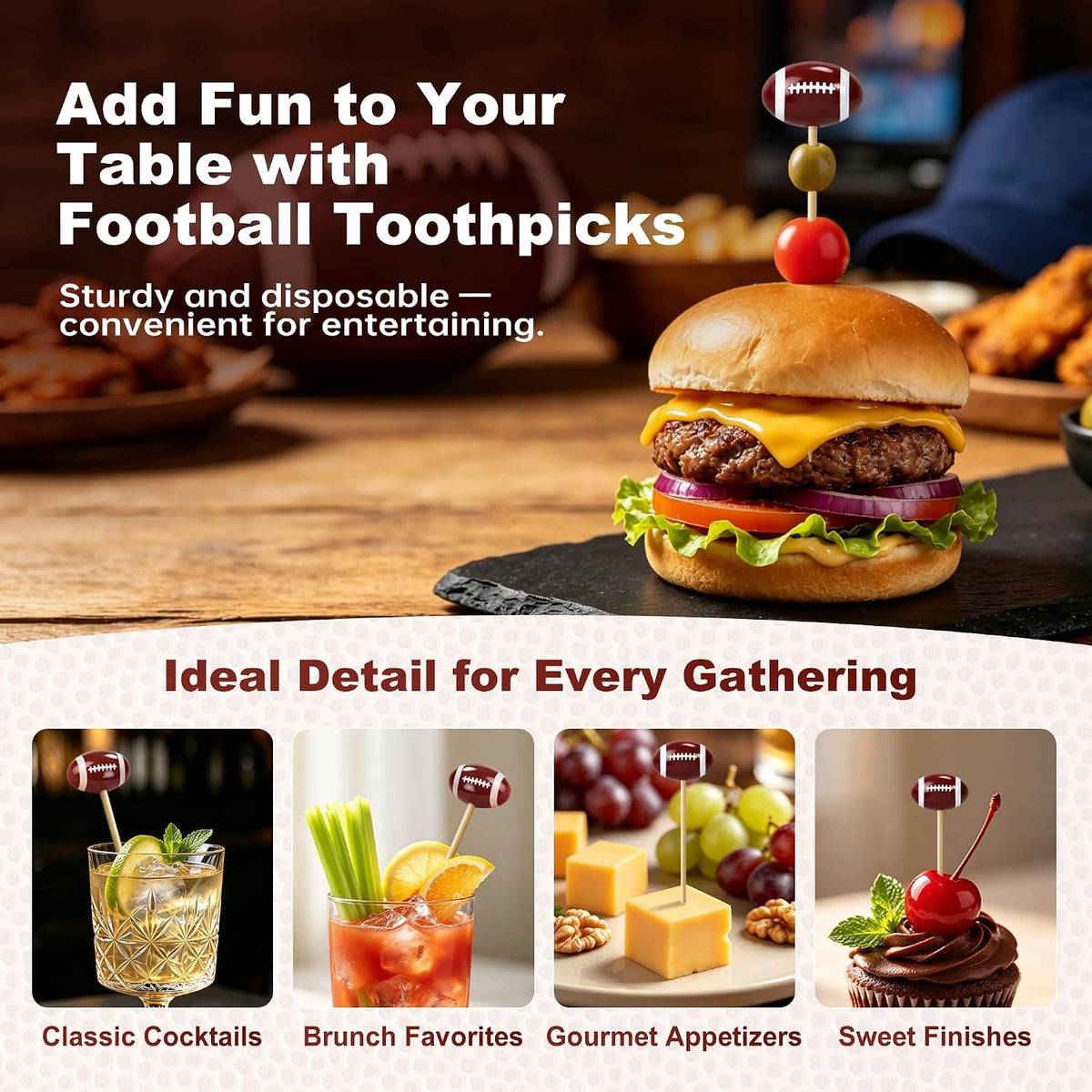 50 Pcs 3D Football Toothpicks 4.7 Inch Decorative Cocktail Picks