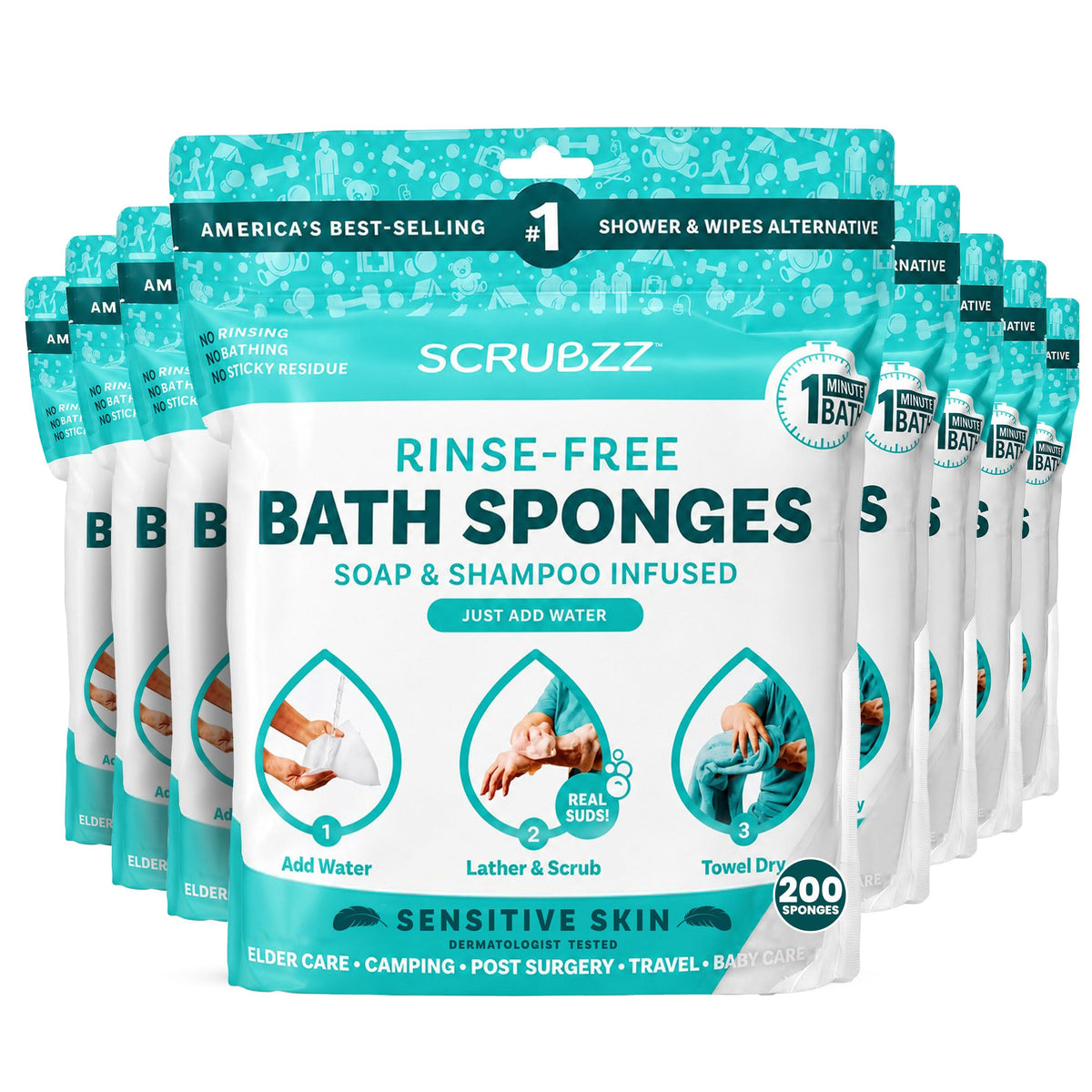 Scrubzz Disposable No Rinse Bathing Wipes - All-in-1 Single Use Shower Wipes, Simply Dampen, Lather, and Dry Without Shampoo or Rinsing (Unscented, 2-Pack)