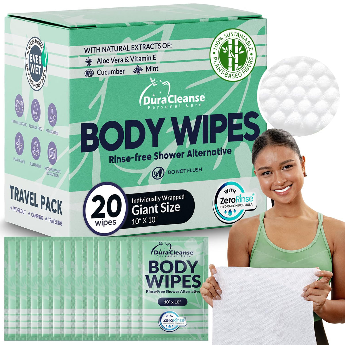 XL Body Wipes for Adults Bathing No Rinse - Shower Wipes & Bath - 50 Ct + 4