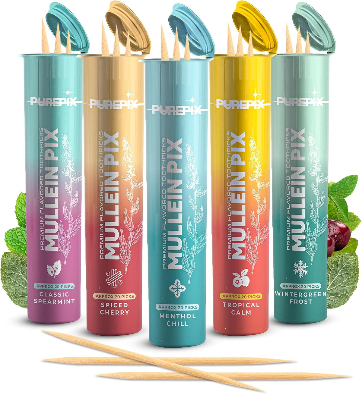 PurePix Mullein Pix Flavored Toothpicks, 5-Flavor Variety Pack