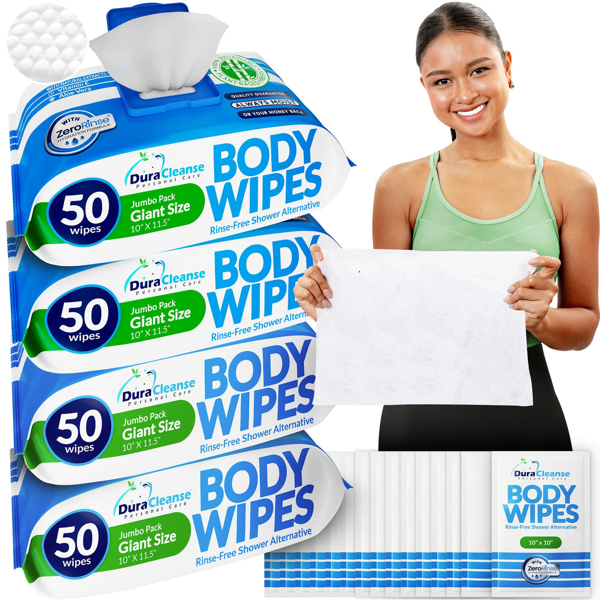 XL Body Wipes for Adults Bathing No Rinse - Shower Wipes & Bath - 50 Ct + 4
