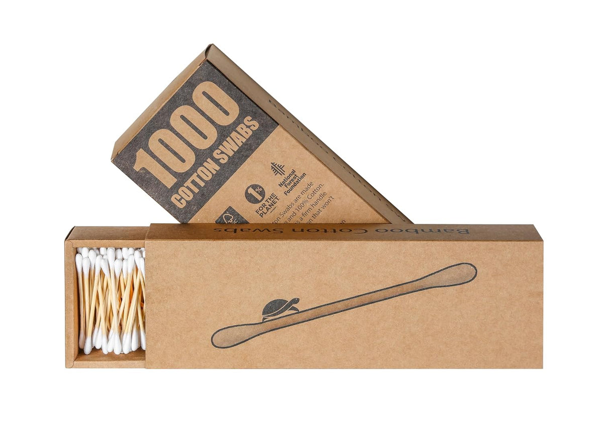 Sea Turtle Bamboo Cotton Swabs (1000 Count) - Vegan, Eco Friendly, Organic, Double Tips, Wooden Ear Sticks, All Natural 100% Biodegradable Cotton Buds