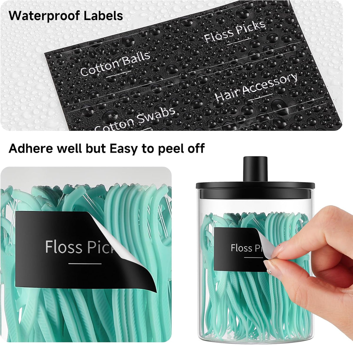 Glass Qtip Holder Dispenser - 3 Pack, Bathroom Decor and Organizer, Black