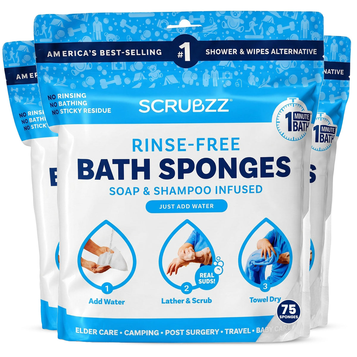 Scrubzz Disposable No Rinse Bathing Wipes - All-in-1 Single Use Shower Wipes, Simply Dampen, Lather, and Dry Without Shampoo or Rinsing (Unscented, 2-Pack)
