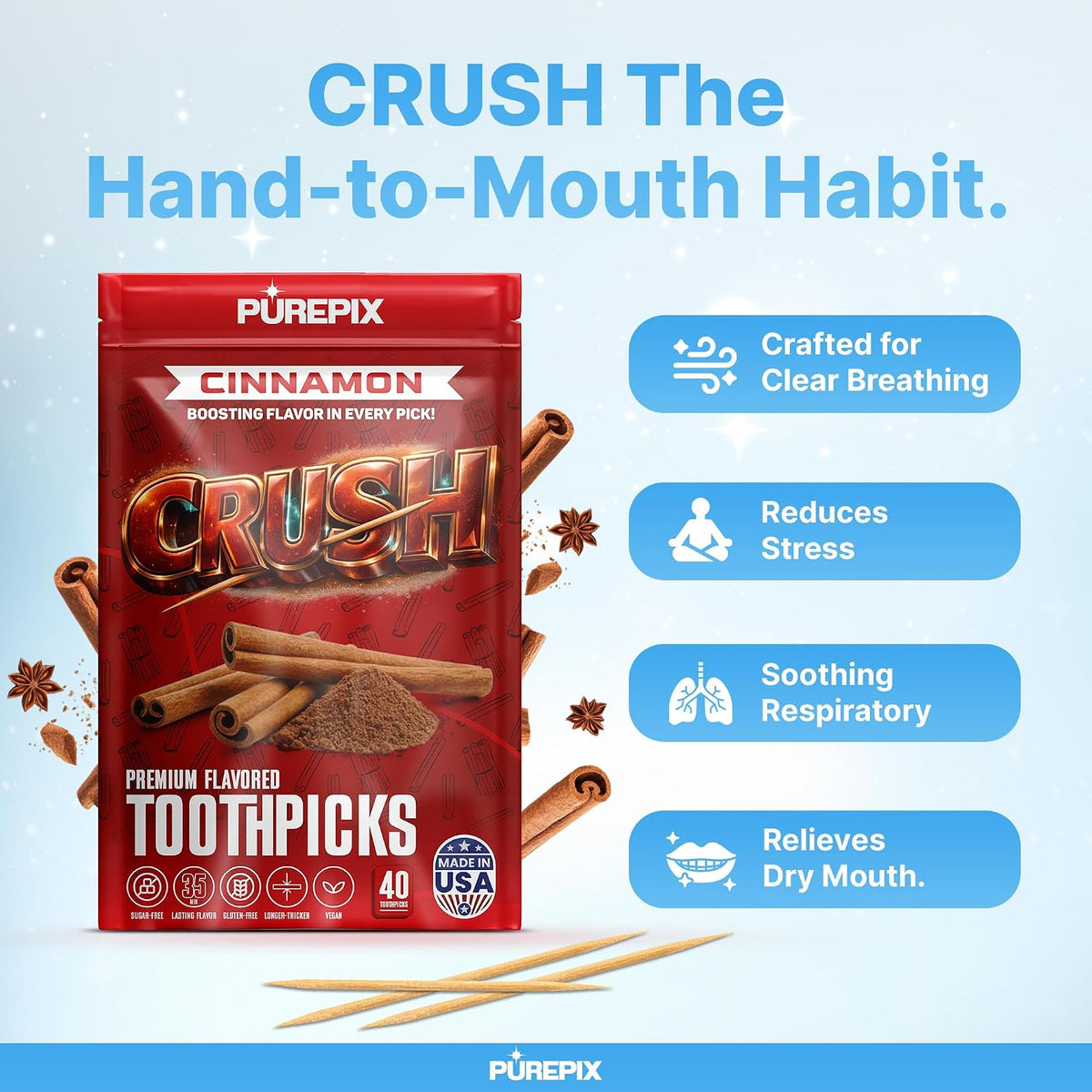 PurePix Crush Root Beer Flavored Toothpicks Quit Smoking Support, Thick Birchwood Infused Sticks, 40 Count Pouch, Long-Lasting Taste, Nicotine Free, Quit Smoking Gift, Vegan Gluten-Free, Made in USA
