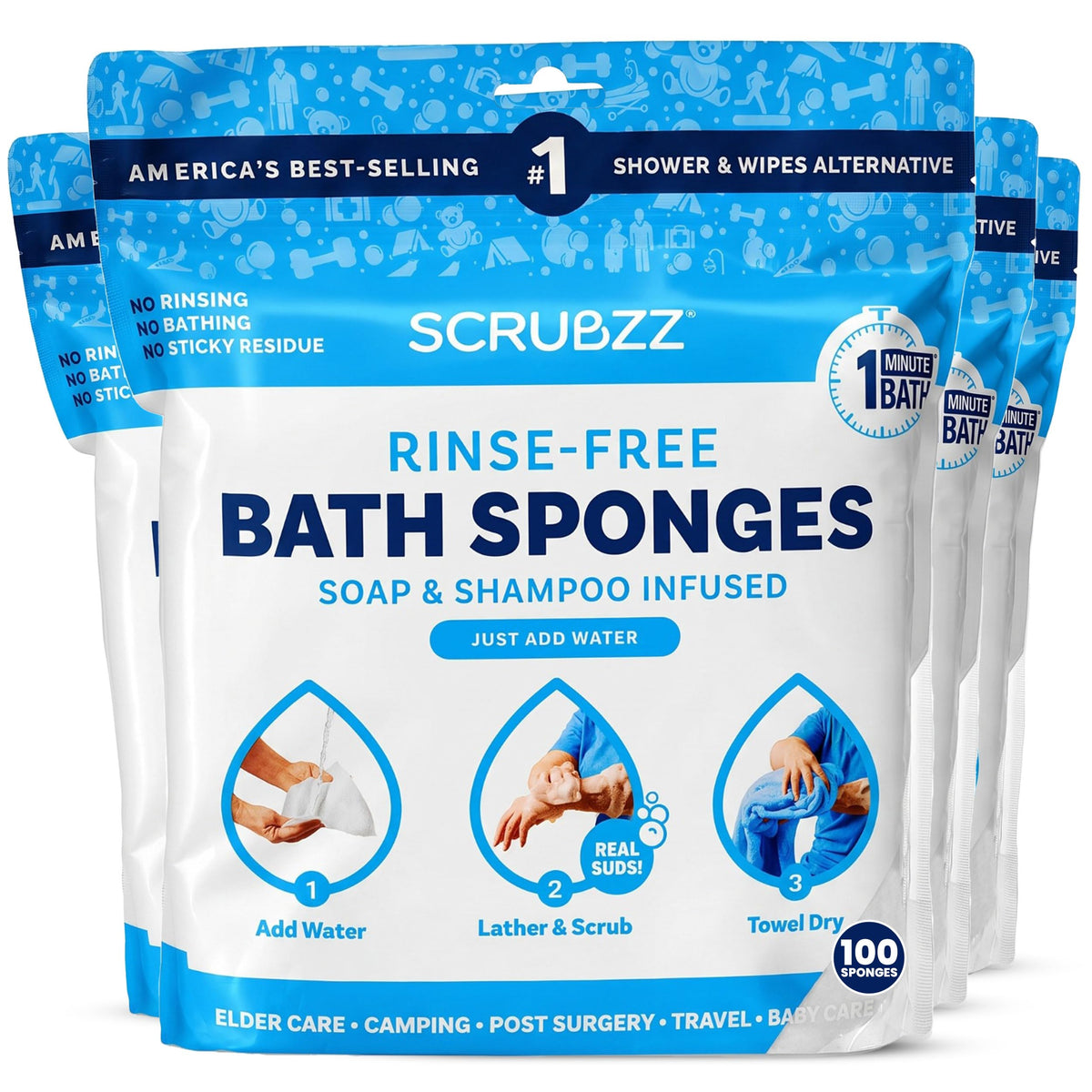 Scrubzz Disposable No Rinse Bathing Wipes - All-in-1 Single Use Shower Wipes, Simply Dampen, Lather, and Dry Without Shampoo or Rinsing (Unscented, 2-Pack)