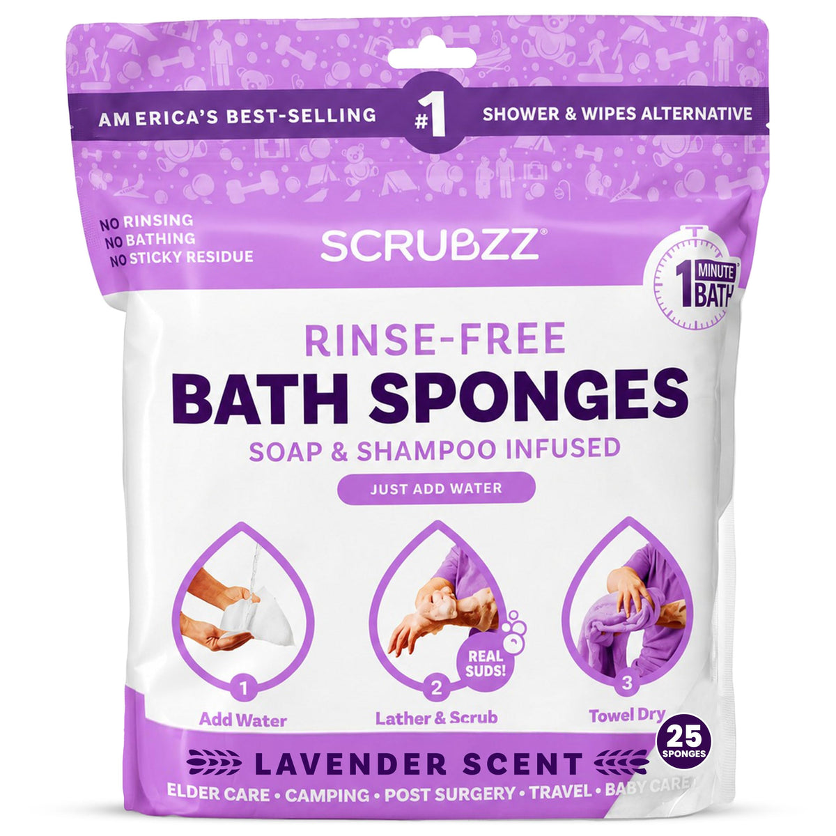 Scrubzz Disposable No Rinse Bathing Wipes - All-in-1 Single Use Shower Wipes, Simply Dampen, Lather, and Dry Without Shampoo or Rinsing (Unscented, 2-Pack)