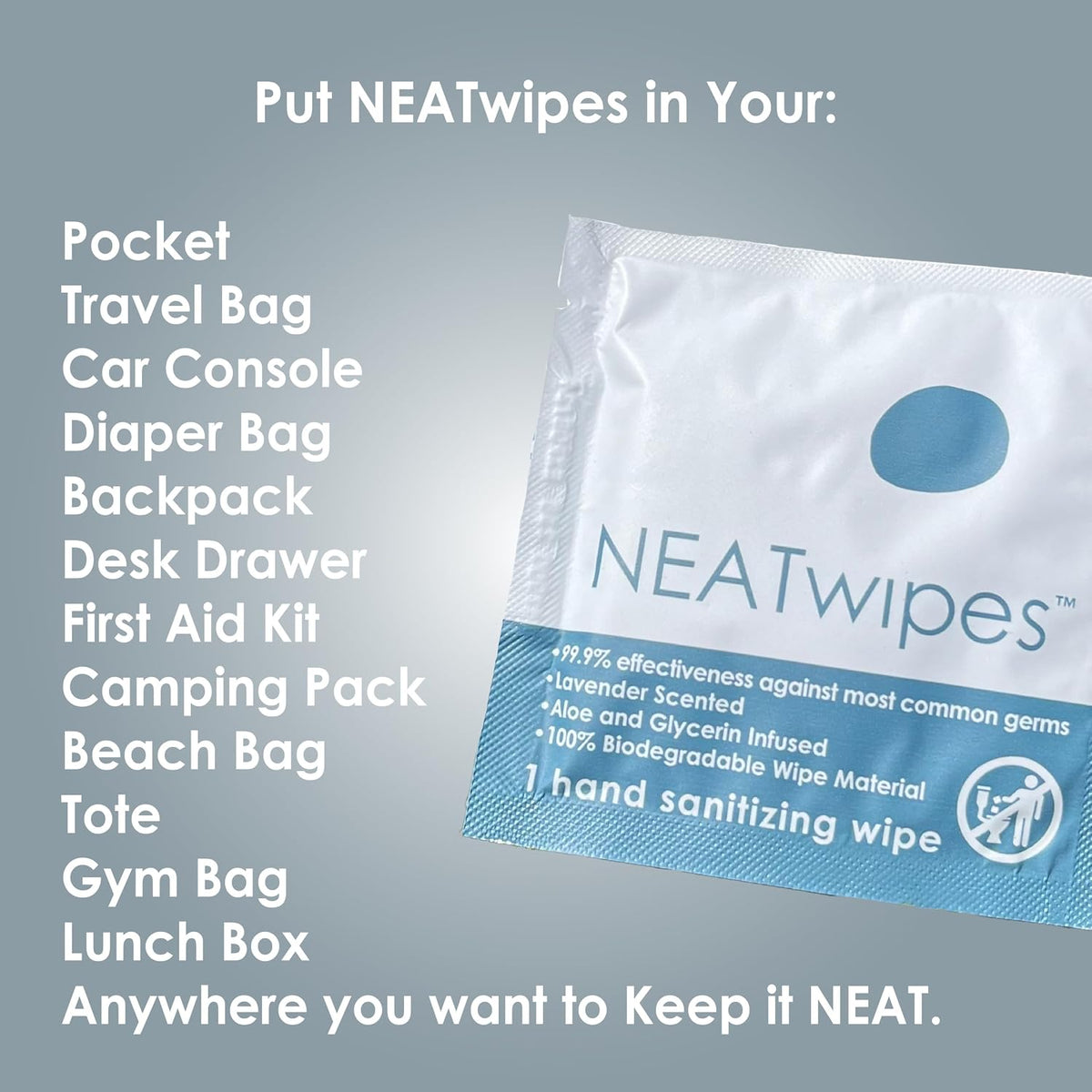 NEATwipes Sanitizing Wipes for Adults, Travel Size (Lavender, 24 Wipes)