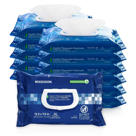 McKesson Disposable Wipe 12 Pack, 600 Washcloths - Large Adult Body and Incontinence Washcloths with Aloe and Vitamin E, Alcohol-Free, 50 Wipes Per Pack