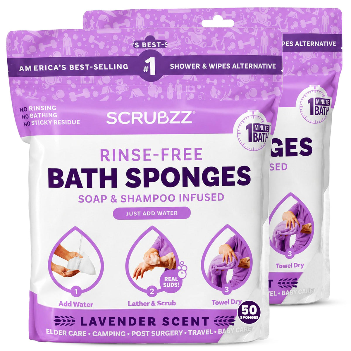 Scrubzz Disposable No Rinse Bathing Wipes - All-in-1 Single Use Shower Wipes, Simply Dampen, Lather, and Dry Without Shampoo or Rinsing (Unscented, 2-Pack)