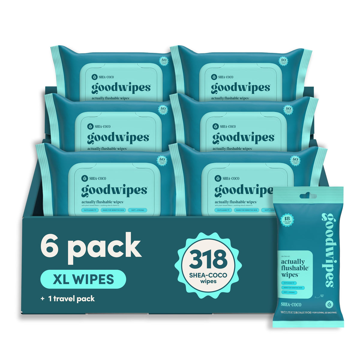 goodwipes Flushable Wipes - Rosewater, 318 Wipes (6 Pack + 1 Travel Size)