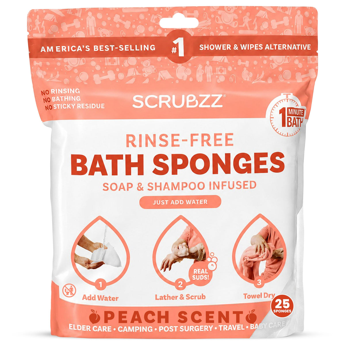 Scrubzz Disposable No Rinse Bathing Wipes - All-in-1 Single Use Shower Wipes, Simply Dampen, Lather, and Dry Without Shampoo or Rinsing (Unscented, 2-Pack)
