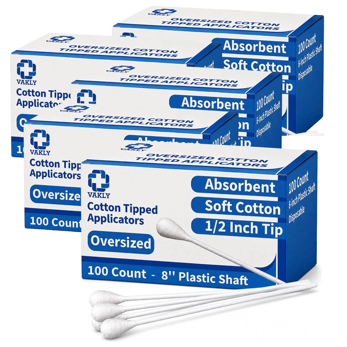 Vakly Oversized Cotton Tipped Applicators, Large 1/2" Cotton Swabs, 100 Pk
