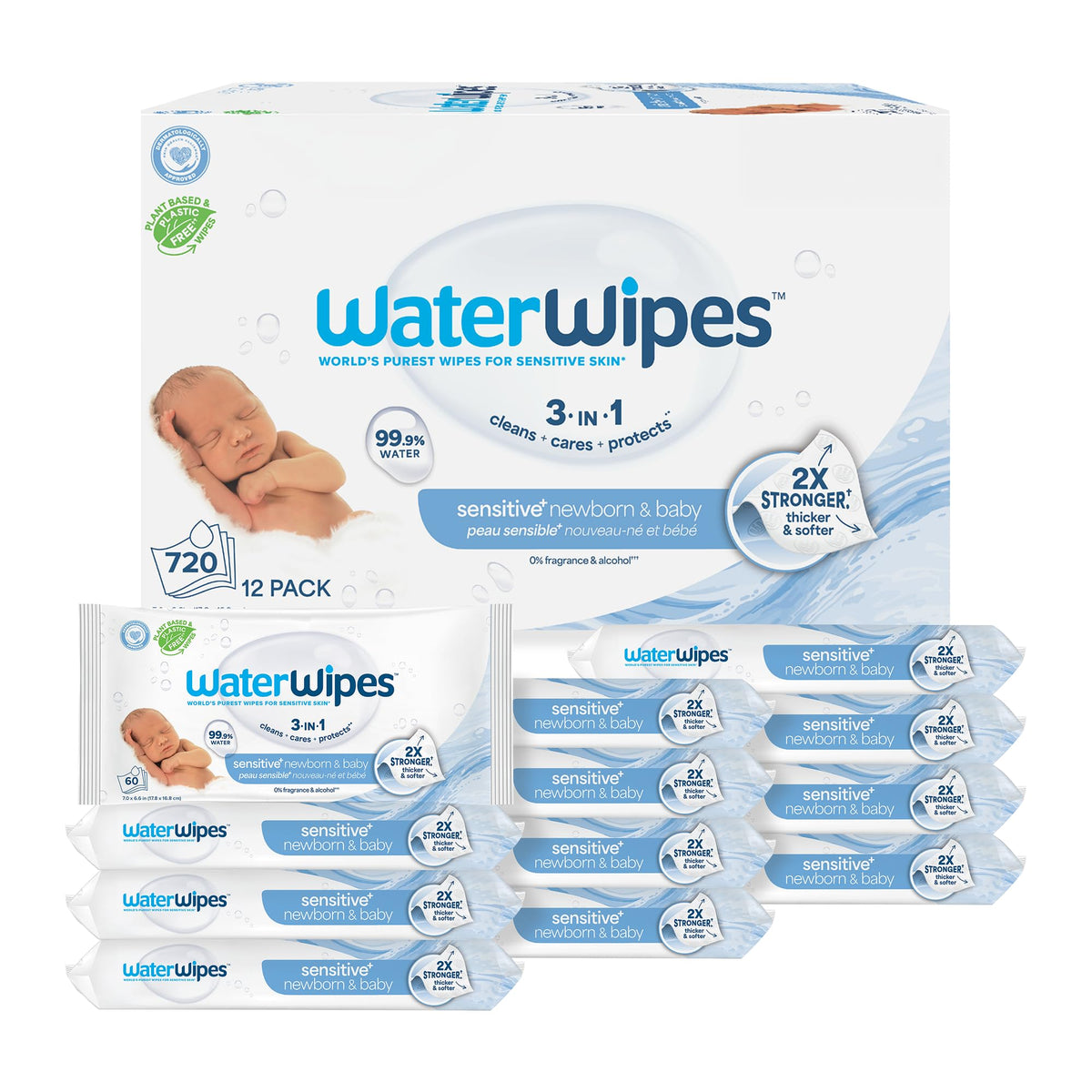 WaterWipes Sensitive+ Newborn & Baby Wipes, 3-In-1 Cleans, Cares, Protects, 99.9% Water, Unscented & Hypoallergenic, 300 Count (5 Packs)