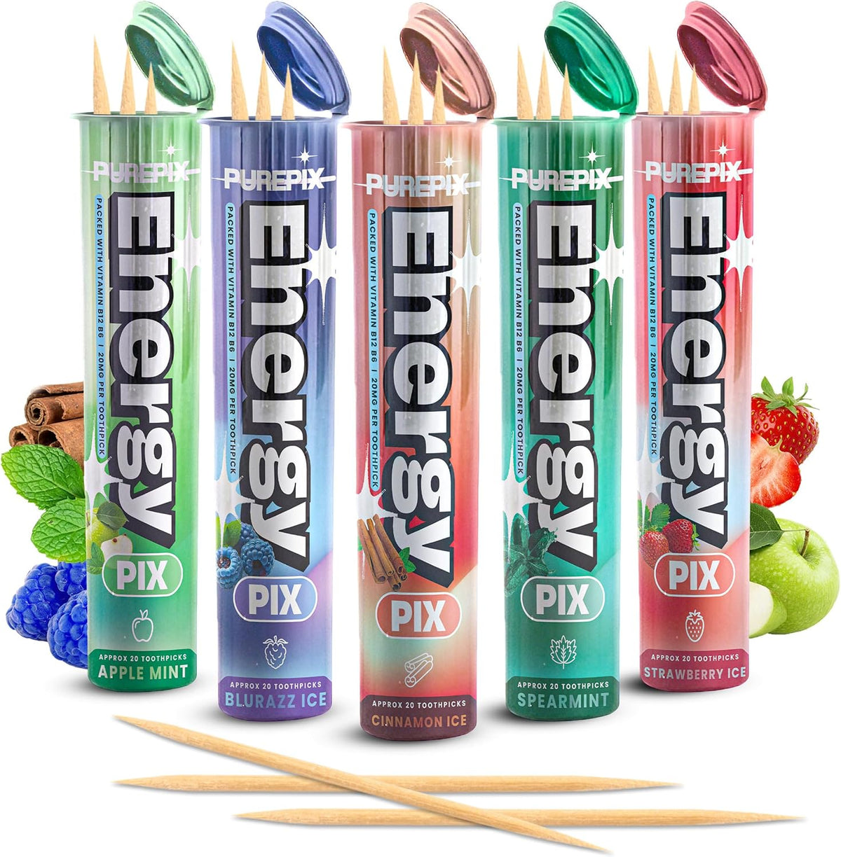 PurePix Energy Caffeine Flavored Toothpicks, Spearmint, 3-Pack, 60ct