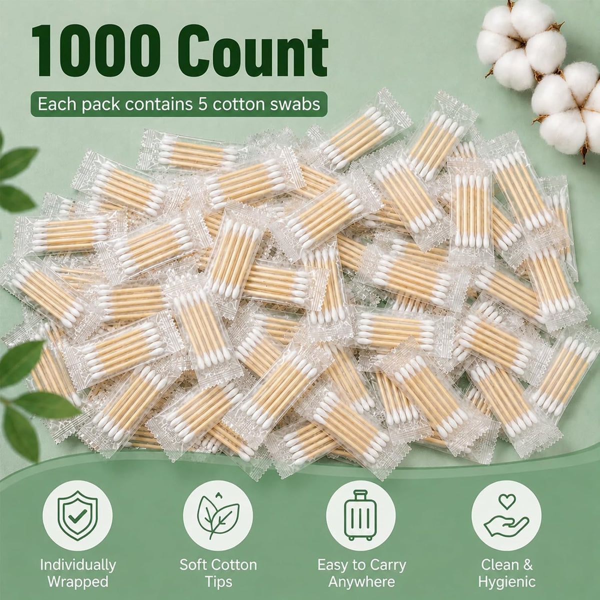 Egaageoi 1000 Count Individually Wrapped Double-Tipped Travel Cotton Swabs