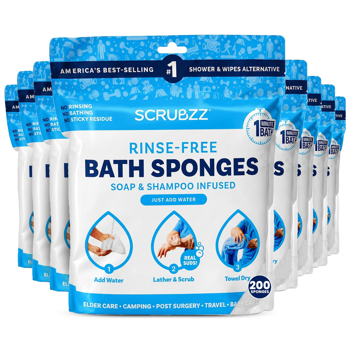 Scrubzz Disposable No Rinse Bathing Wipes - All-in-1 Single Use Shower Wipes, Simply Dampen, Lather, and Dry Without Shampoo or Rinsing (Unscented, 2-Pack)