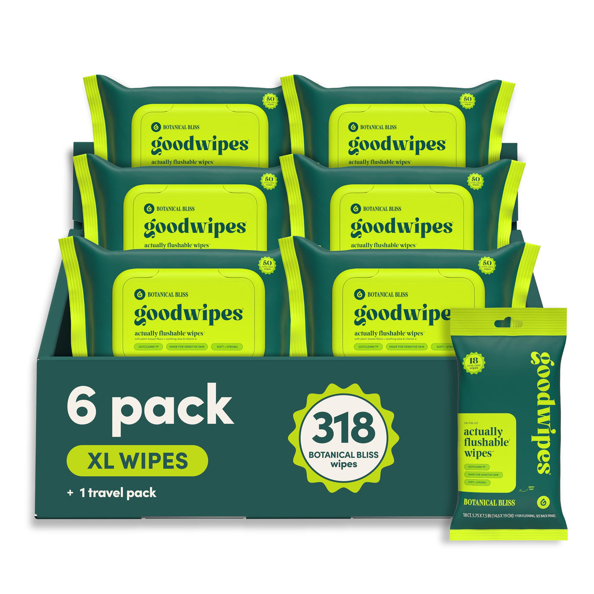 goodwipes Flushable Wipes - Rosewater, 318 Wipes (6 Pack + 1 Travel Size)