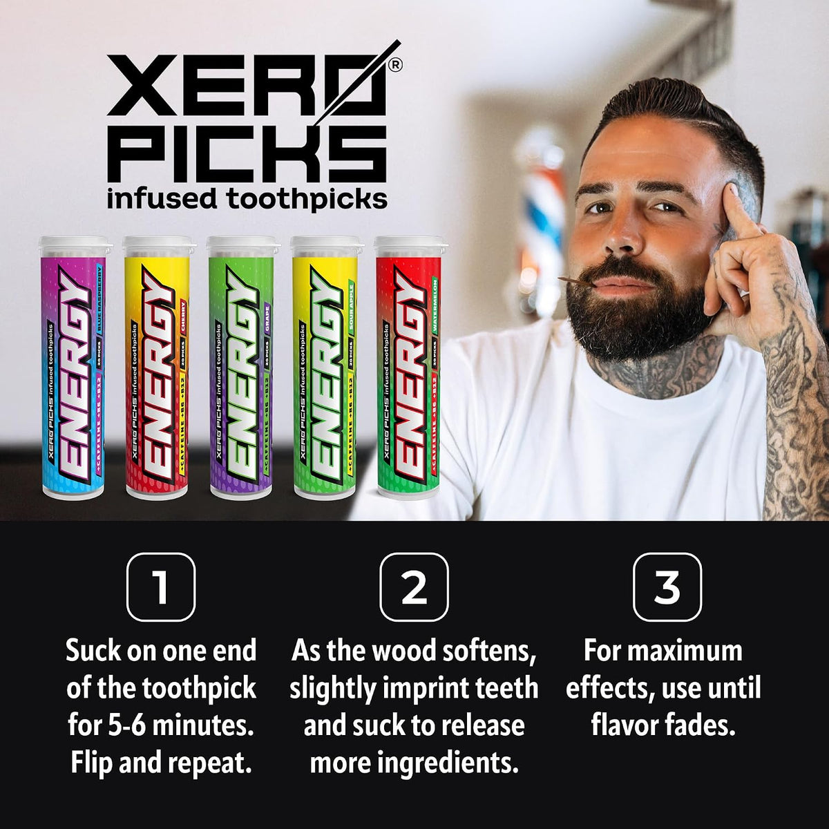 Xero Picks Energy Caffeine Flavored Toothpicks B12 for Focus & B6, 100 Picks (Pack of 5) (Variety Pack) Sugar-Free Alternative to Energy Mints & Gum - Kosher