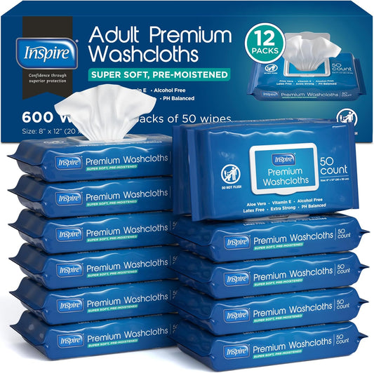 Inspire Adult Wet Wipes, Wash Cloths | Adult Wipes for Incontinence & Cleansing for Elderly, 8"x12" Count 12 packs of 50