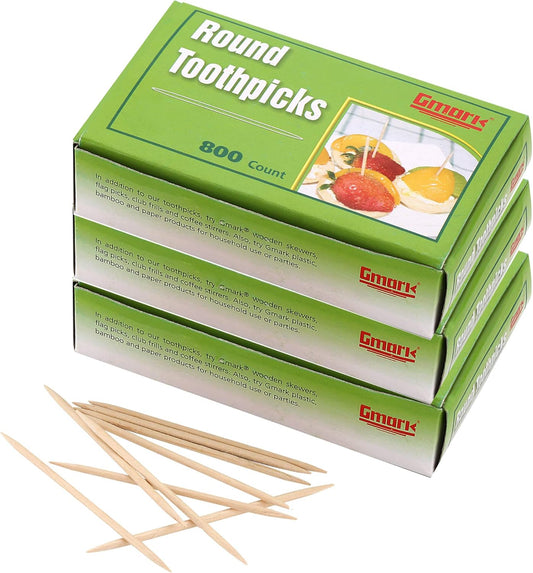 Gmark GM1021 Round Hotel Toothpicks, 2.5 Inch Natural Wooden, 3 Boxes Pack, 2400 Count Total