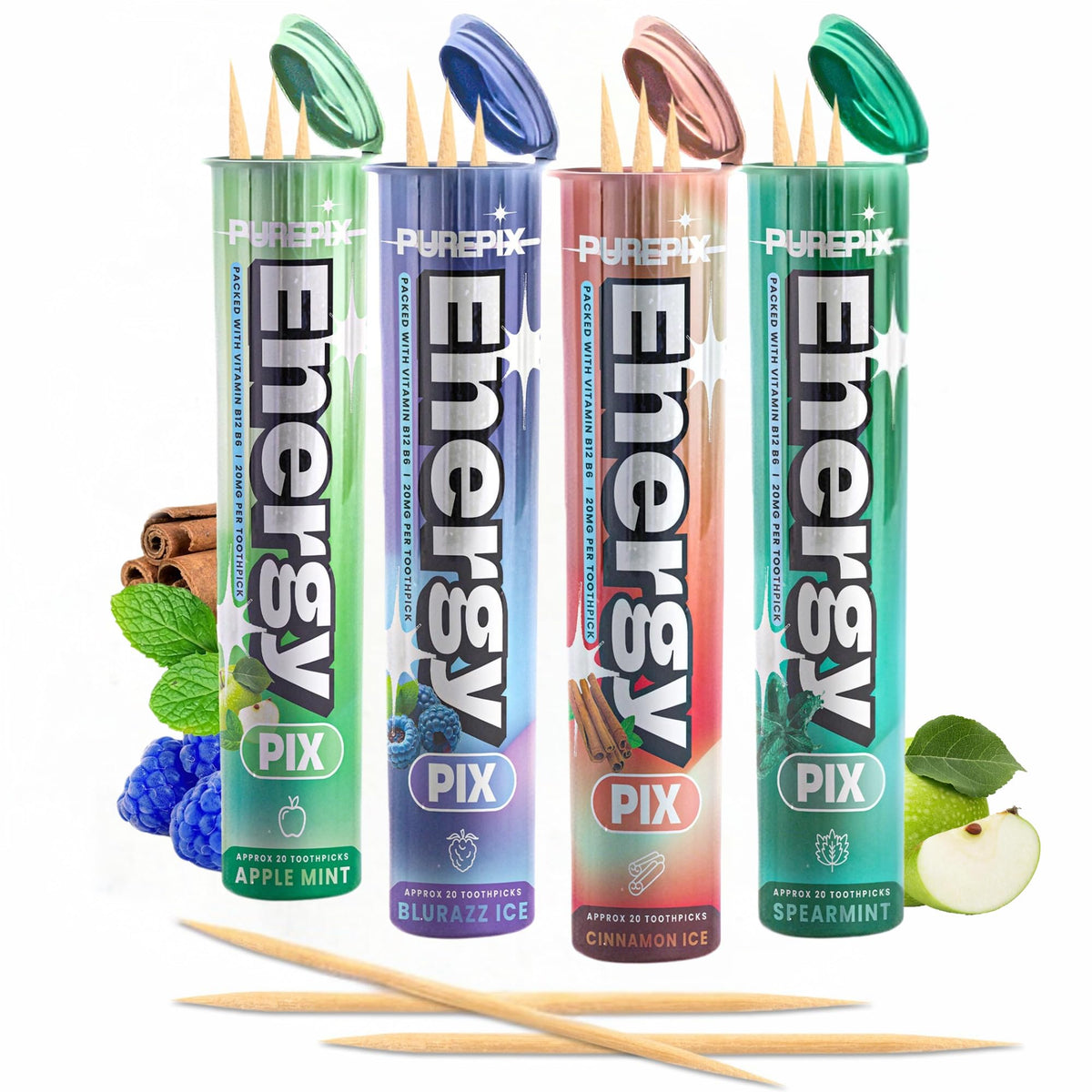 PurePix Energy Caffeine Flavored Toothpicks, Spearmint, 3-Pack, 60ct