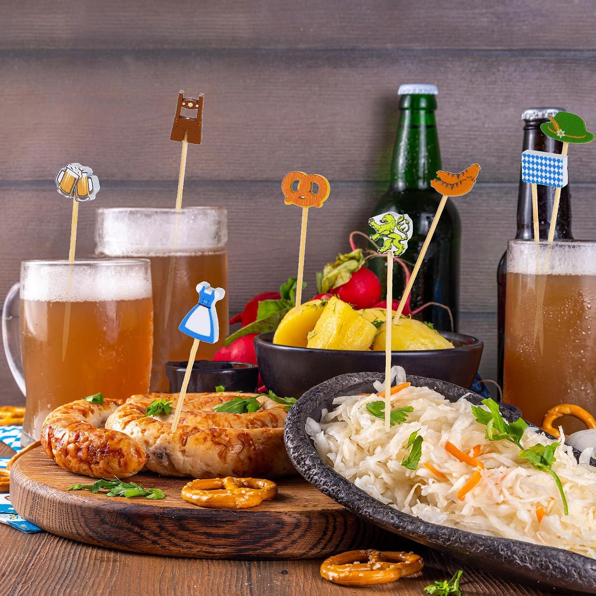 Aodaer 200 Pieces Oktoberfest Wooden Cocktail Picks Appetizer Fruits Bamboo Toothpicks Decorative Cocktail Sticks with Bavarian Flag for Fruits Dessert Appetizer Party Supplies